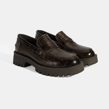 Kadın Kahve Kroko Basklı Deri Loafer