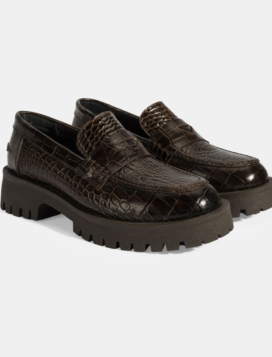 Kadın Kahve Kroko Basklı Deri Loafer Kadın Kahve Kroko Basklı Deri Loafer