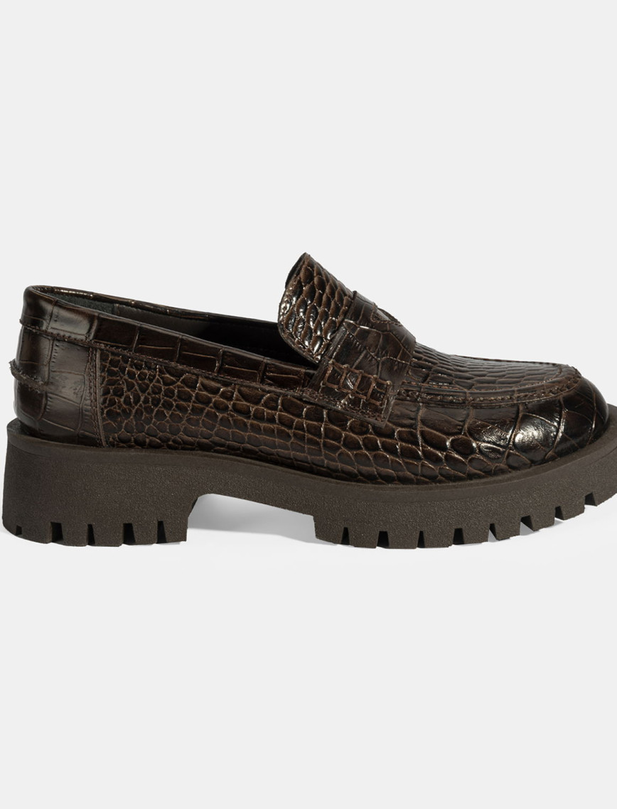 Kadın Kahve Kroko Basklı Deri Loafer Kadın Kahve Kroko Basklı Deri Loafer