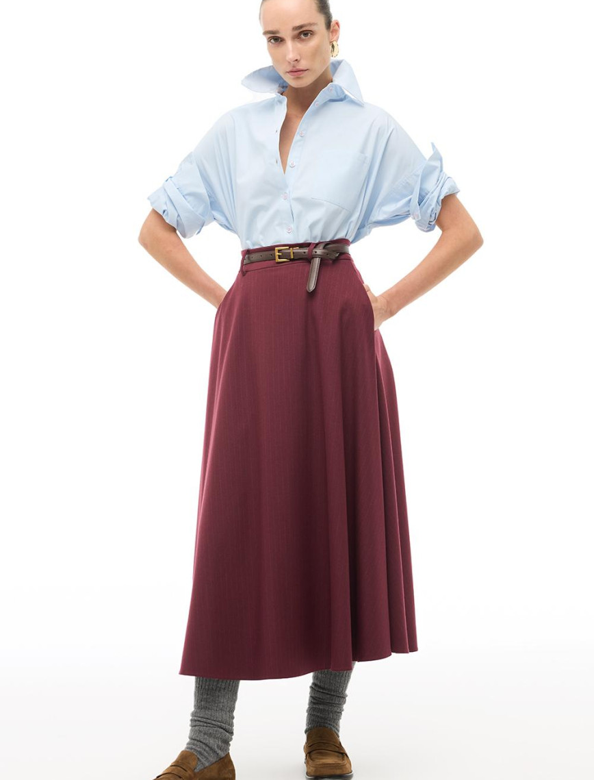 Bordo Yüksek Bel Çizgili Bilek Boy Etek Bordo Yüksek Bel Çizgili Bilek Boy Etek