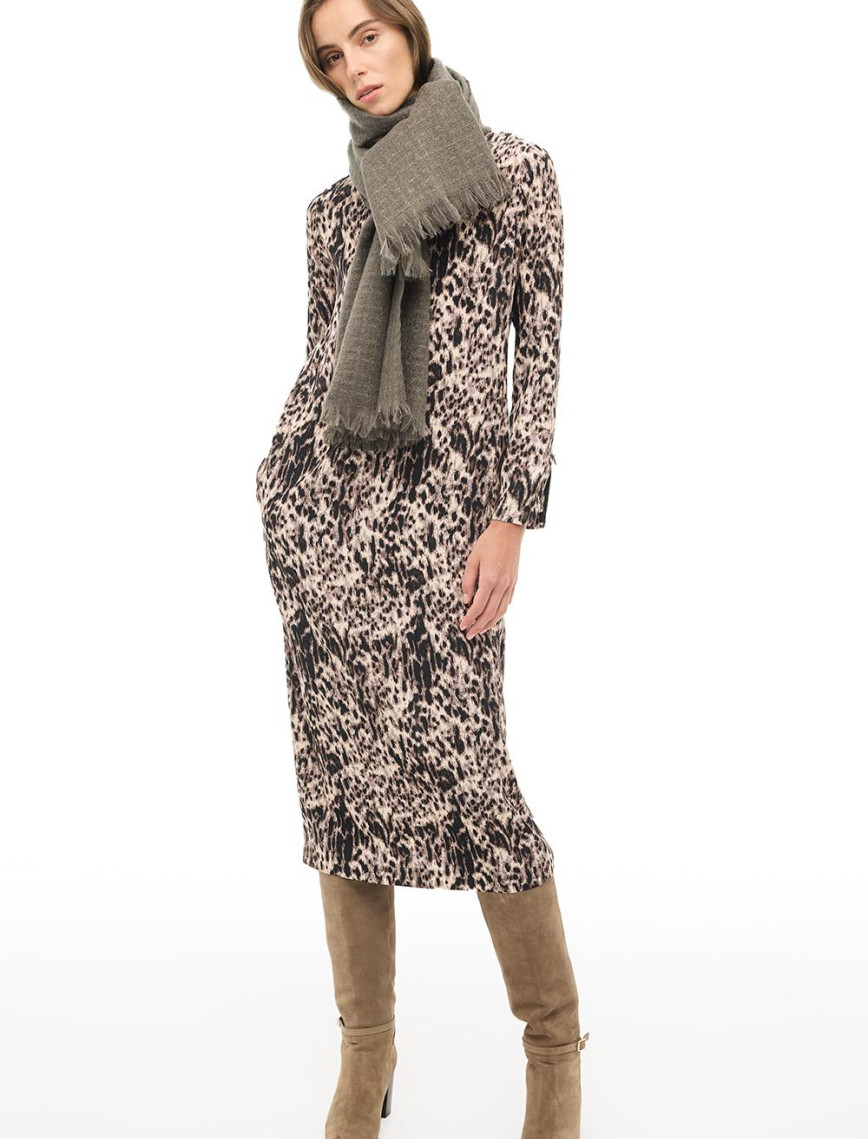 Kahverengi Bisiklet Yaka Leopar Midi Elbise Kahverengi Bisiklet Yaka Leopar Midi Elbise