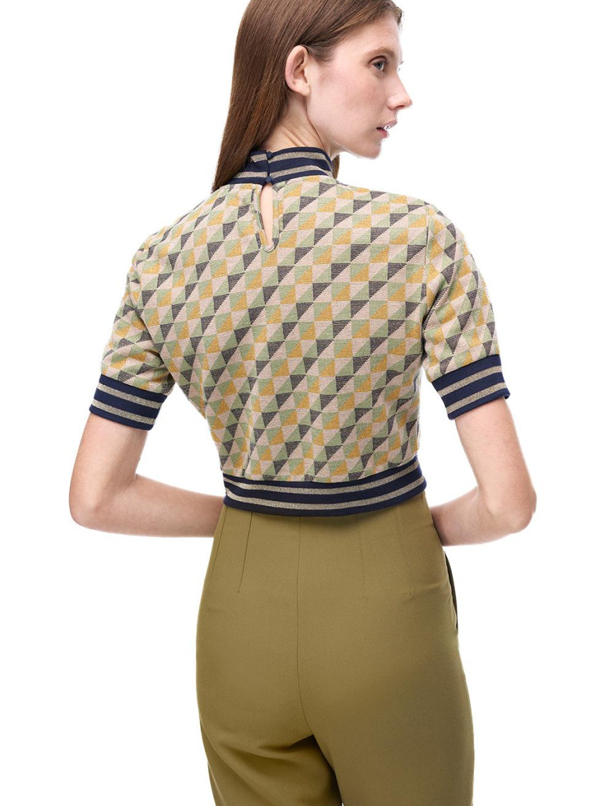 Alcors Slim Fit Geometrik Desen Crop Boy Takma Kol Bisiklet Yaka Yesıl Bluz Alcors Slim Fit Geometrik Desen Crop Boy Takma Kol Bisiklet Yaka Yesıl Bluz