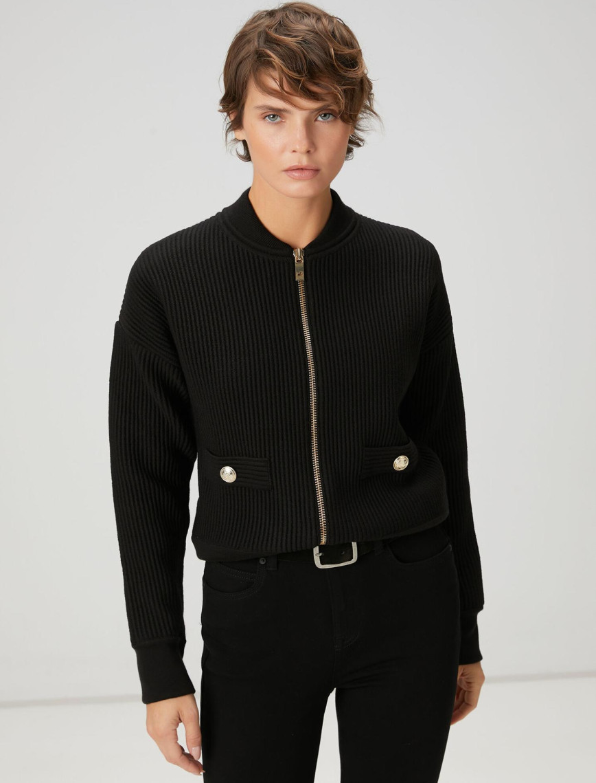 Beymen Club Kadın Siyah Ottoman Dokulu Yün Bomber Ceket Beymen Club Kadın Siyah Ottoman Dokulu Yün Bomber Ceket