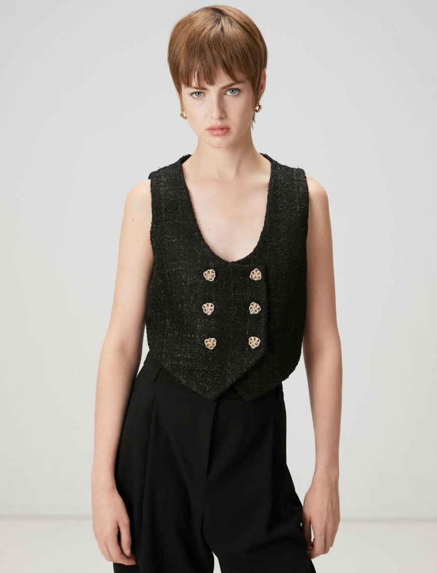 Beymen Club Kadın Siyah Simli Kruvaze Tweed Yelek Beymen Club Kadın Siyah Simli Kruvaze Tweed Yelek