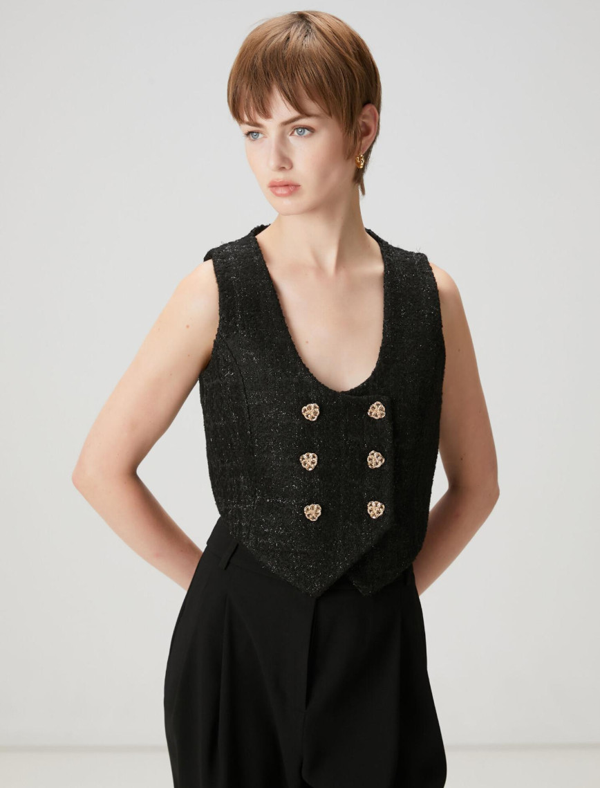 Beymen Club Kadın Siyah Simli Kruvaze Tweed Yelek Beymen Club Kadın Siyah Simli Kruvaze Tweed Yelek