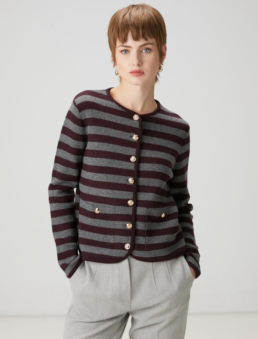 Beymen Club Kadın Gri Bordo Çizgili Triko Ceket Beymen Club Kadın Gri Bordo Çizgili Triko Ceket