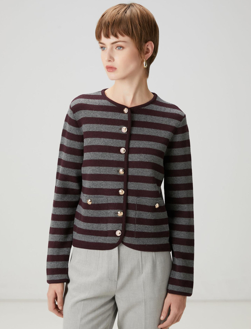 Beymen Club Kadın Gri Bordo Çizgili Triko Ceket Beymen Club Kadın Gri Bordo Çizgili Triko Ceket