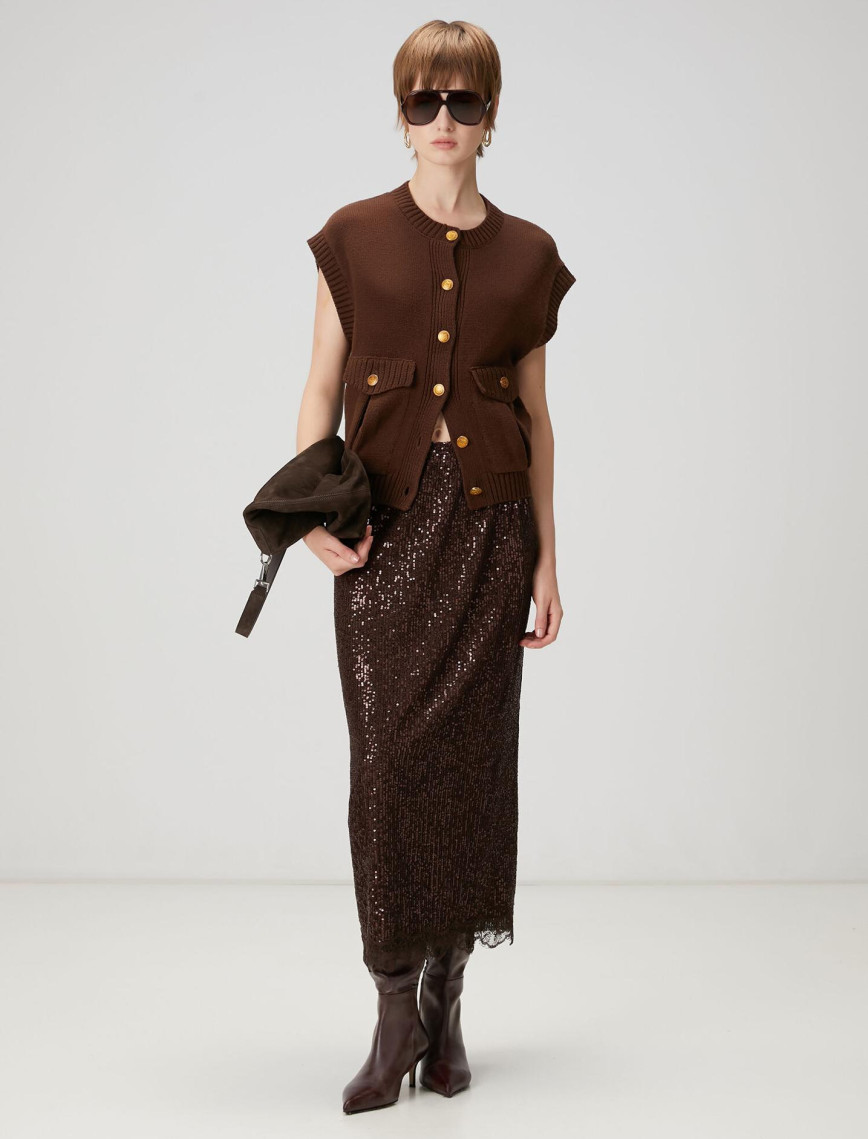 Beymen Club Kadın Kahverengi Pullu Midi Abiye Etek Beymen Club Kadın Kahverengi Pullu Midi Abiye Etek