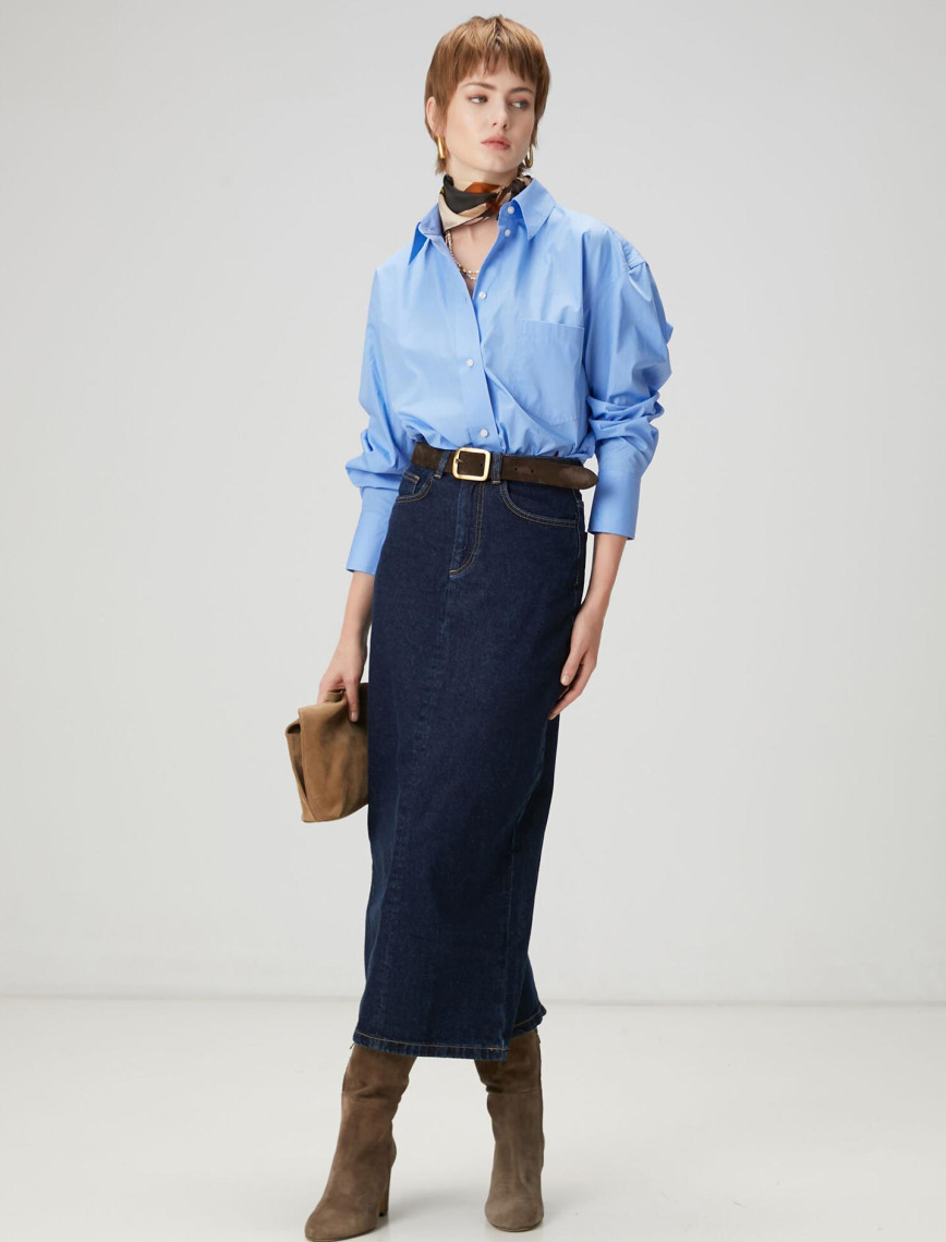 Beymen Club Kadın Indigo Midi Denim Etek Beymen Club Kadın Indigo Midi Denim Etek