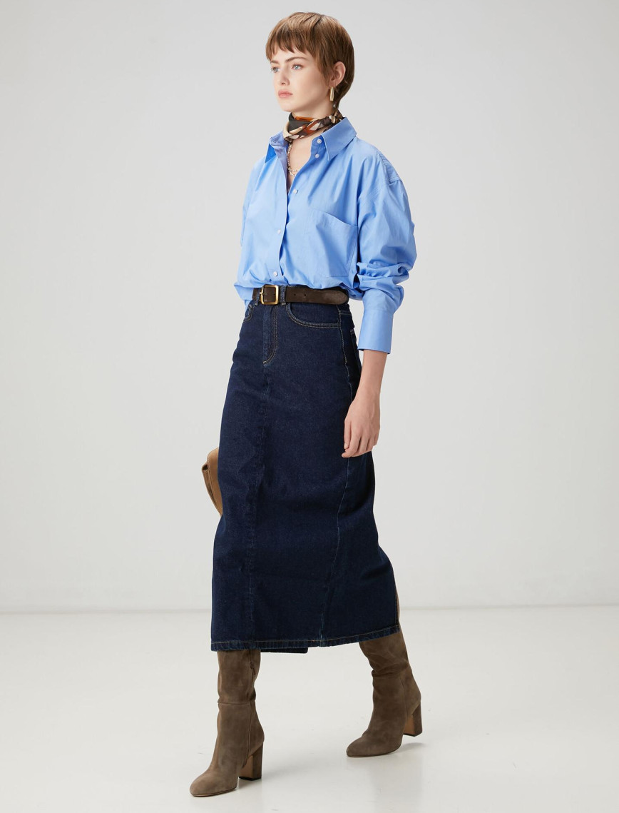 Beymen Club Kadın Indigo Midi Denim Etek Beymen Club Kadın Indigo Midi Denim Etek