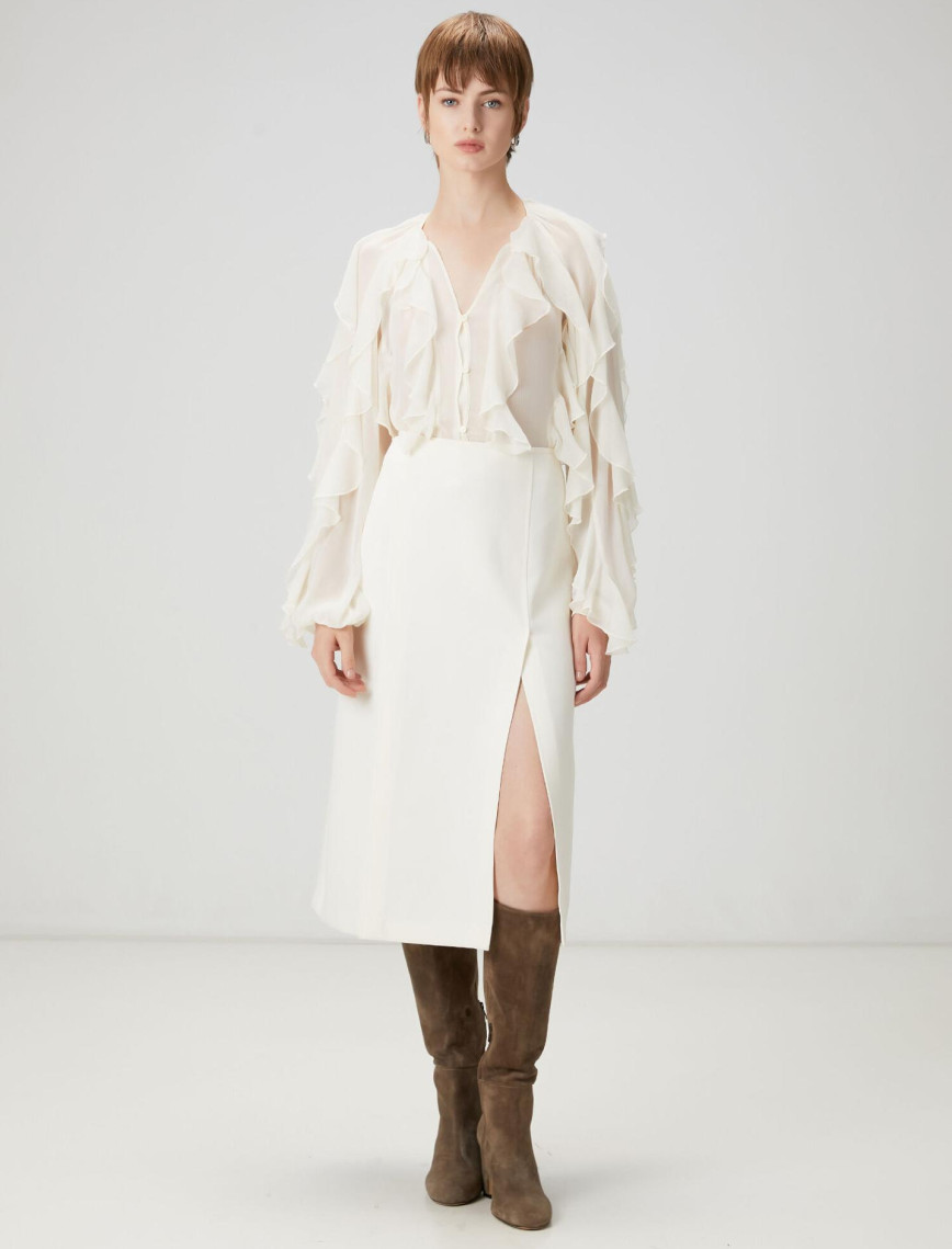 Beymen Club Kadın Ekru Çift Yırtmaçlı Midi Etek Beymen Club Kadın Ekru Çift Yırtmaçlı Midi Etek