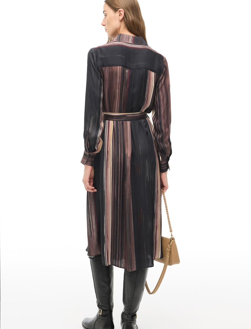 Çok Renkli Çizgili Gömlek Yaka Midi Elbise Çok Renkli Çizgili Gömlek Yaka Midi Elbise