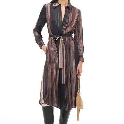 Çok Renkli Çizgili Gömlek Yaka Midi Elbise Çok Renkli Çizgili Gömlek Yaka Midi Elbise