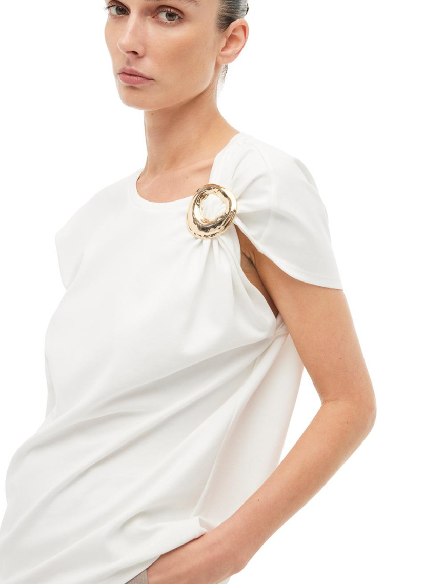 %100 Pamuk Ekru Omuz Detay Tişört %100 Pamuk Ekru Omuz Detay Tişört