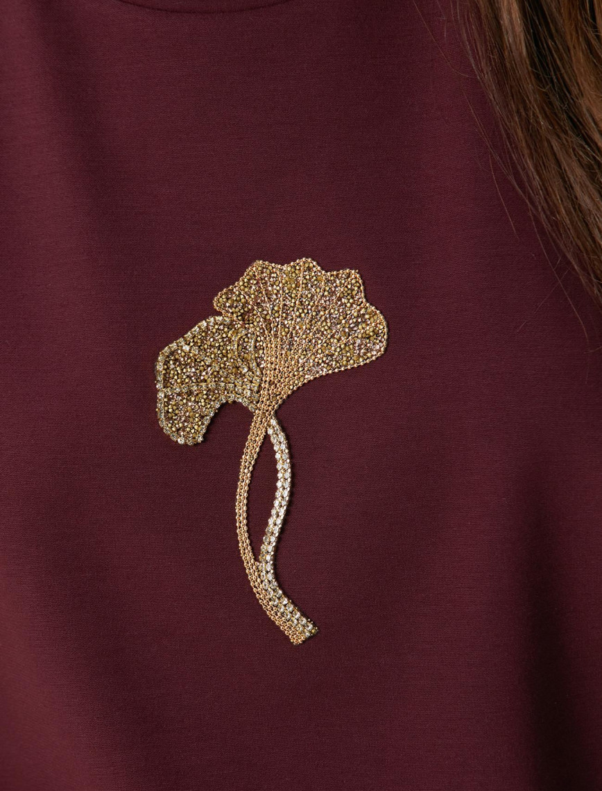 Network Kadın Bordo Çiçek Taş İşlemeli T-shirt Network Kadın Bordo Çiçek Taş İşlemeli T-shirt