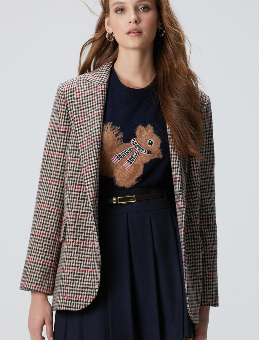 Network Kadın Lacivert Kahverengi Kazayağı Yün Karışımlı Ceket Network Kadın Lacivert Kahverengi Kazayağı Yün Karışımlı Ceket