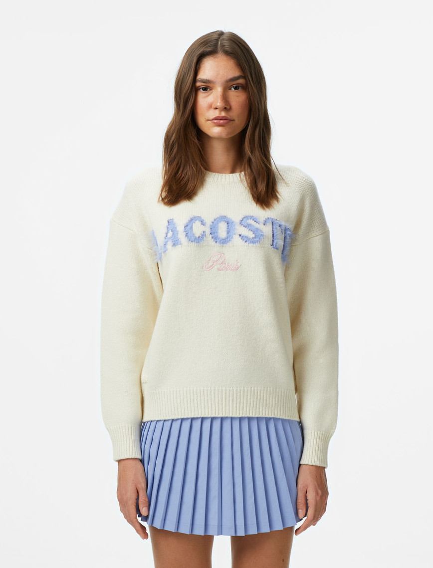 Lacoste Kadın Classic Fit Bisiklet Yaka Baskılı Yün Krem Kazak Lacoste Kadın Classic Fit Bisiklet Yaka Baskılı Yün Krem Kazak