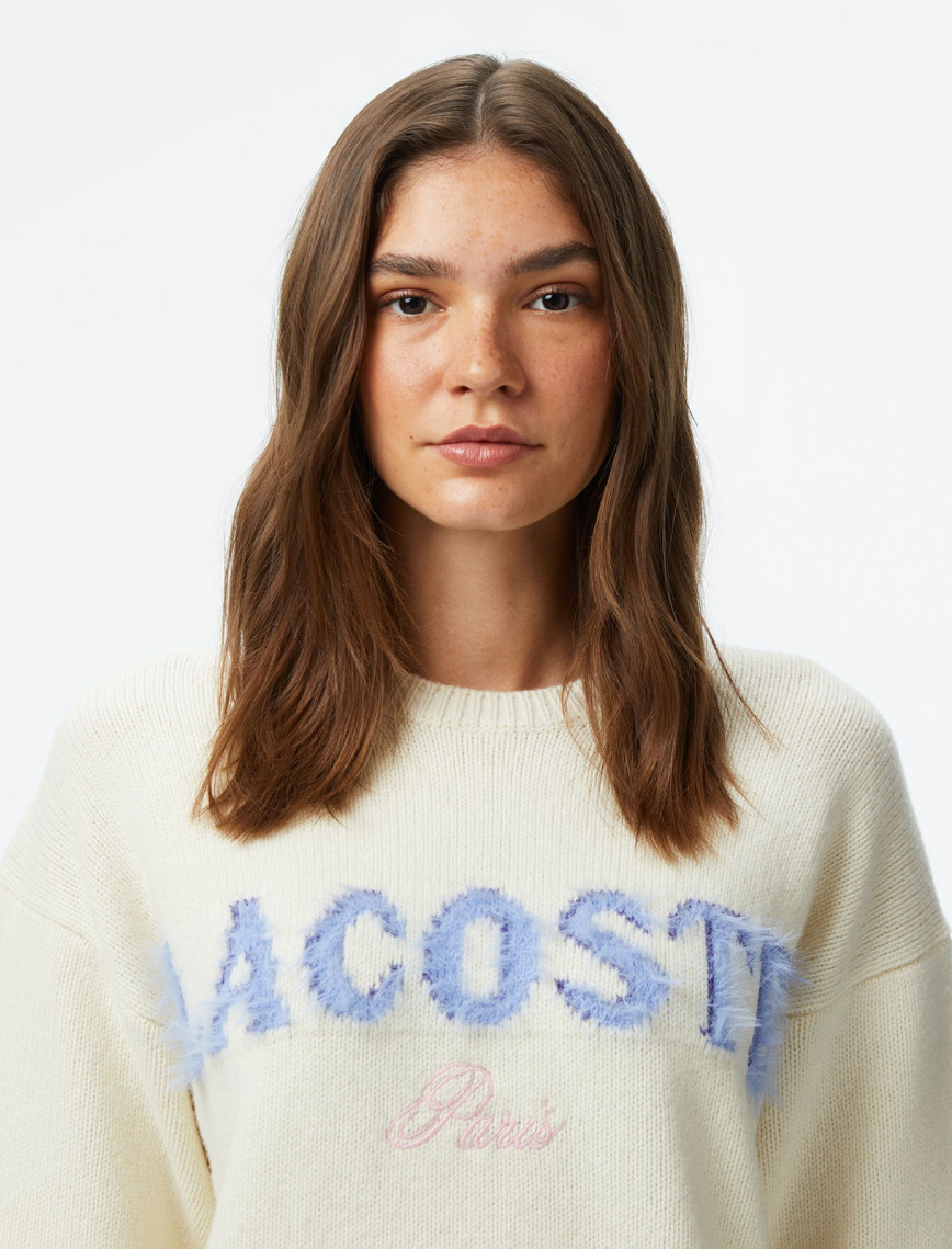 Lacoste Kadın Classic Fit Bisiklet Yaka Baskılı Yün Krem Kazak Lacoste Kadın Classic Fit Bisiklet Yaka Baskılı Yün Krem Kazak