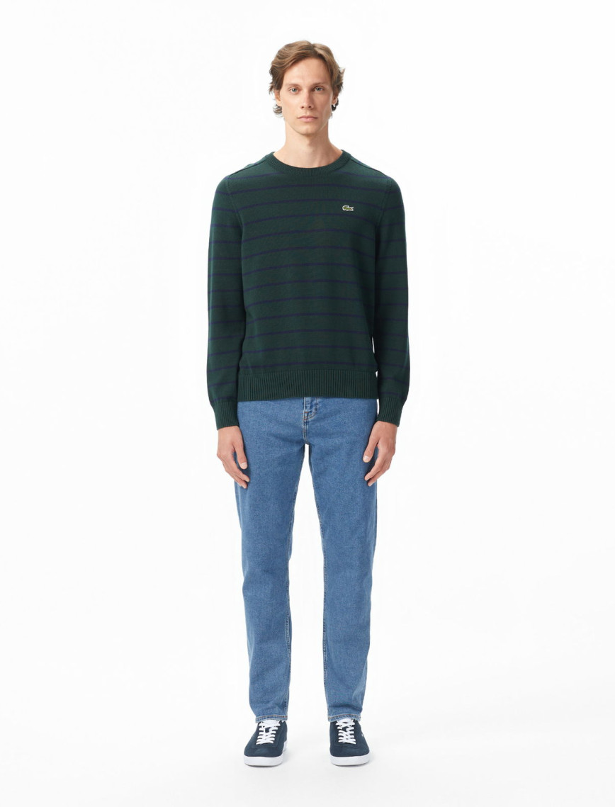 Lacoste Erkek Classic Fit Bisiklet Yaka Çizgili Yeşil Kazak