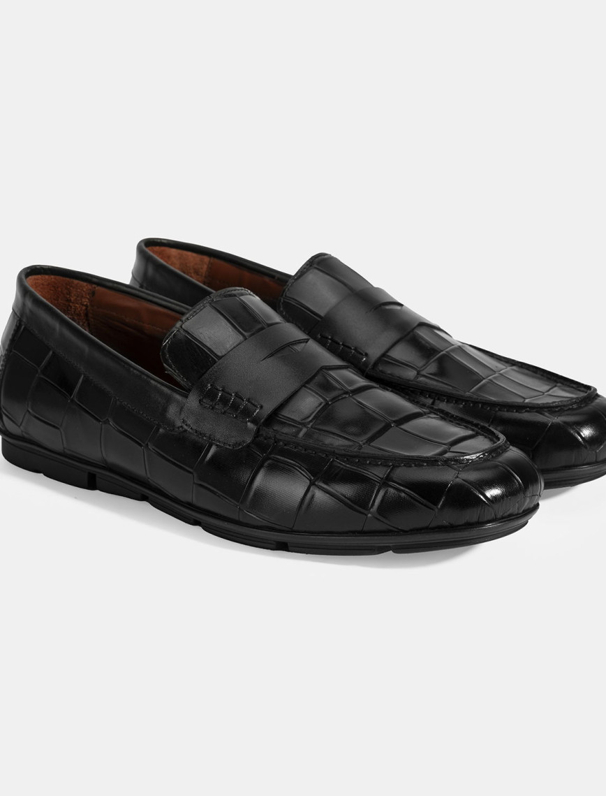 Erkek Siyah Kroko Baskılı Deri Loafer Erkek Siyah Kroko Baskılı Deri Loafer