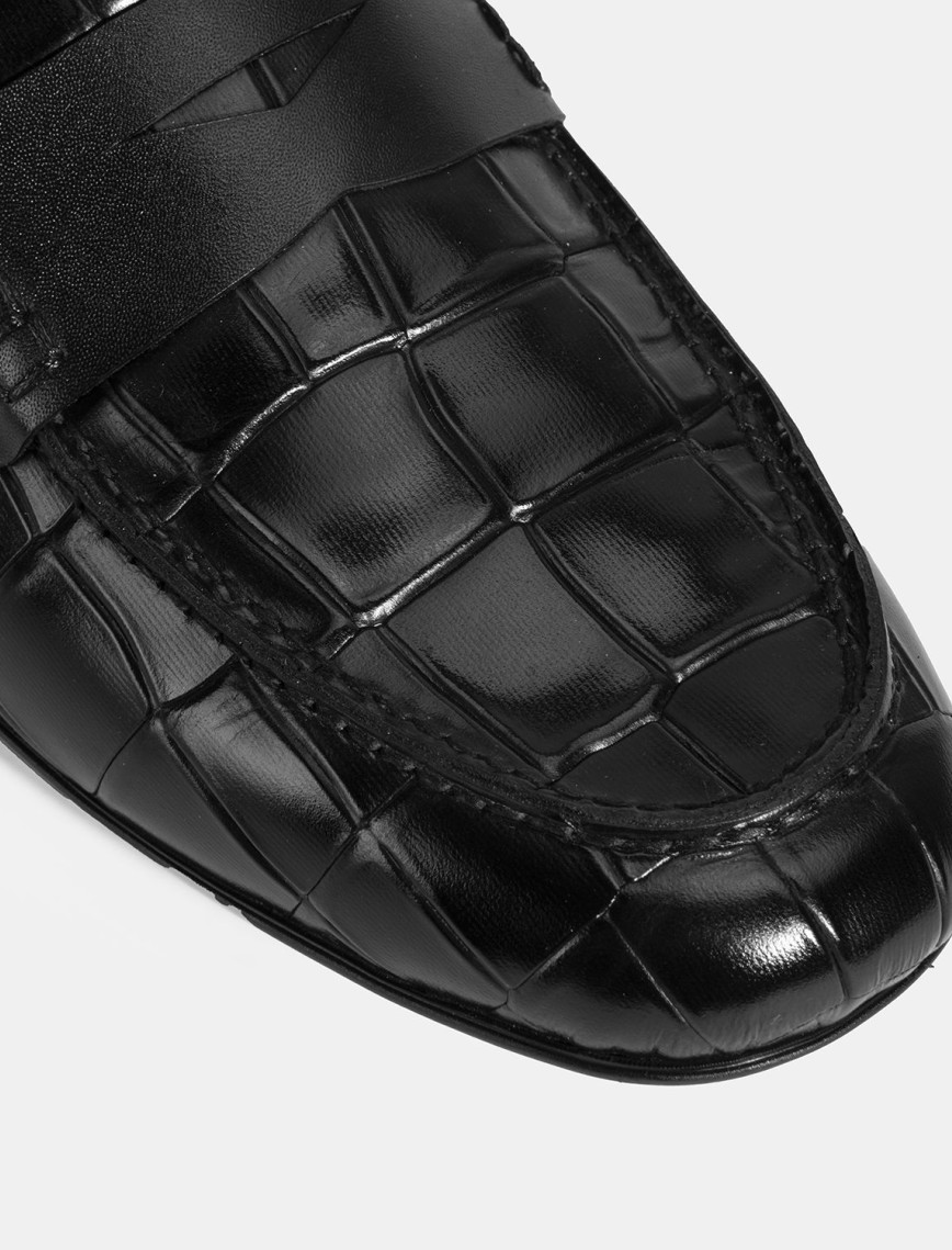 Erkek Siyah Kroko Baskılı Deri Loafer Erkek Siyah Kroko Baskılı Deri Loafer