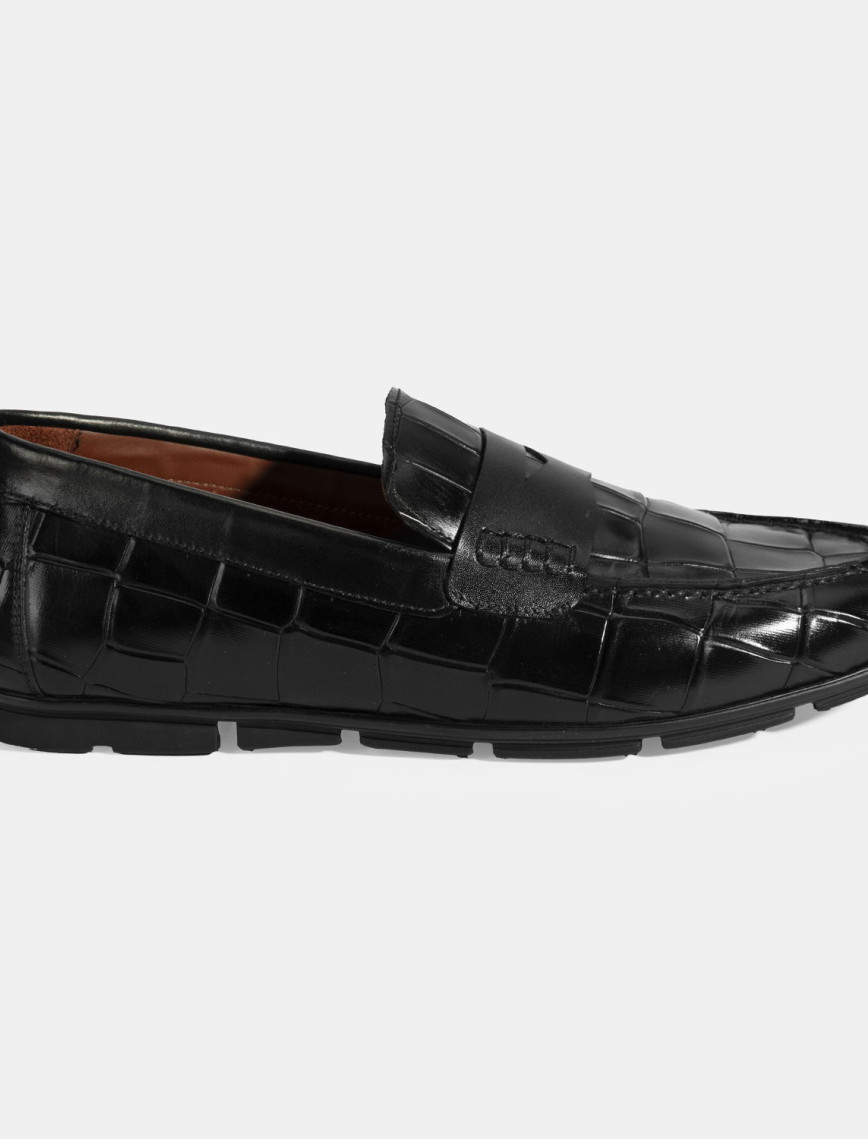 Erkek Siyah Kroko Baskılı Deri Loafer Erkek Siyah Kroko Baskılı Deri Loafer