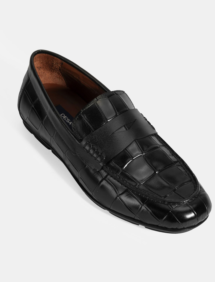 Erkek Siyah Kroko Baskılı Deri Loafer Erkek Siyah Kroko Baskılı Deri Loafer