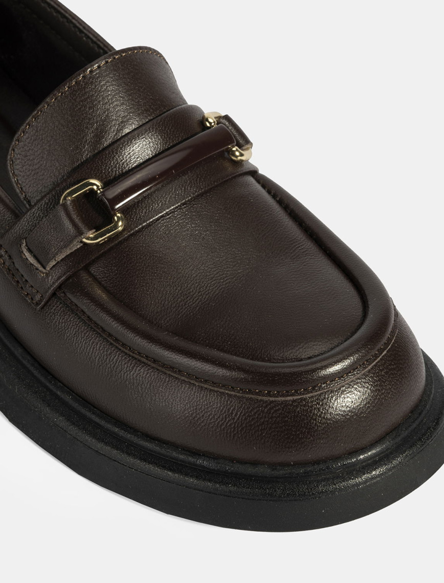 Kadın Kahve Metal Toka Detaylı Deri Loafer Kadın Kahve Metal Toka Detaylı Deri Loafer