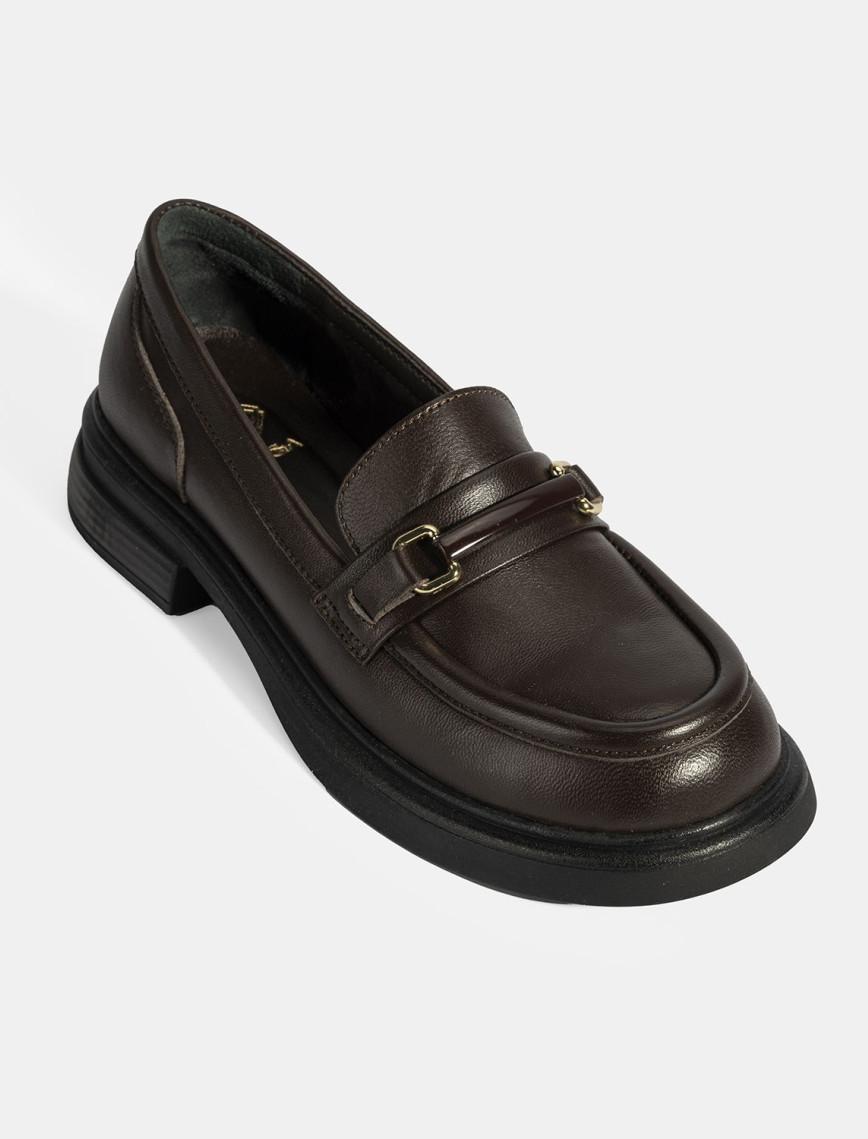 Kadın Kahve Metal Toka Detaylı Deri Loafer Kadın Kahve Metal Toka Detaylı Deri Loafer