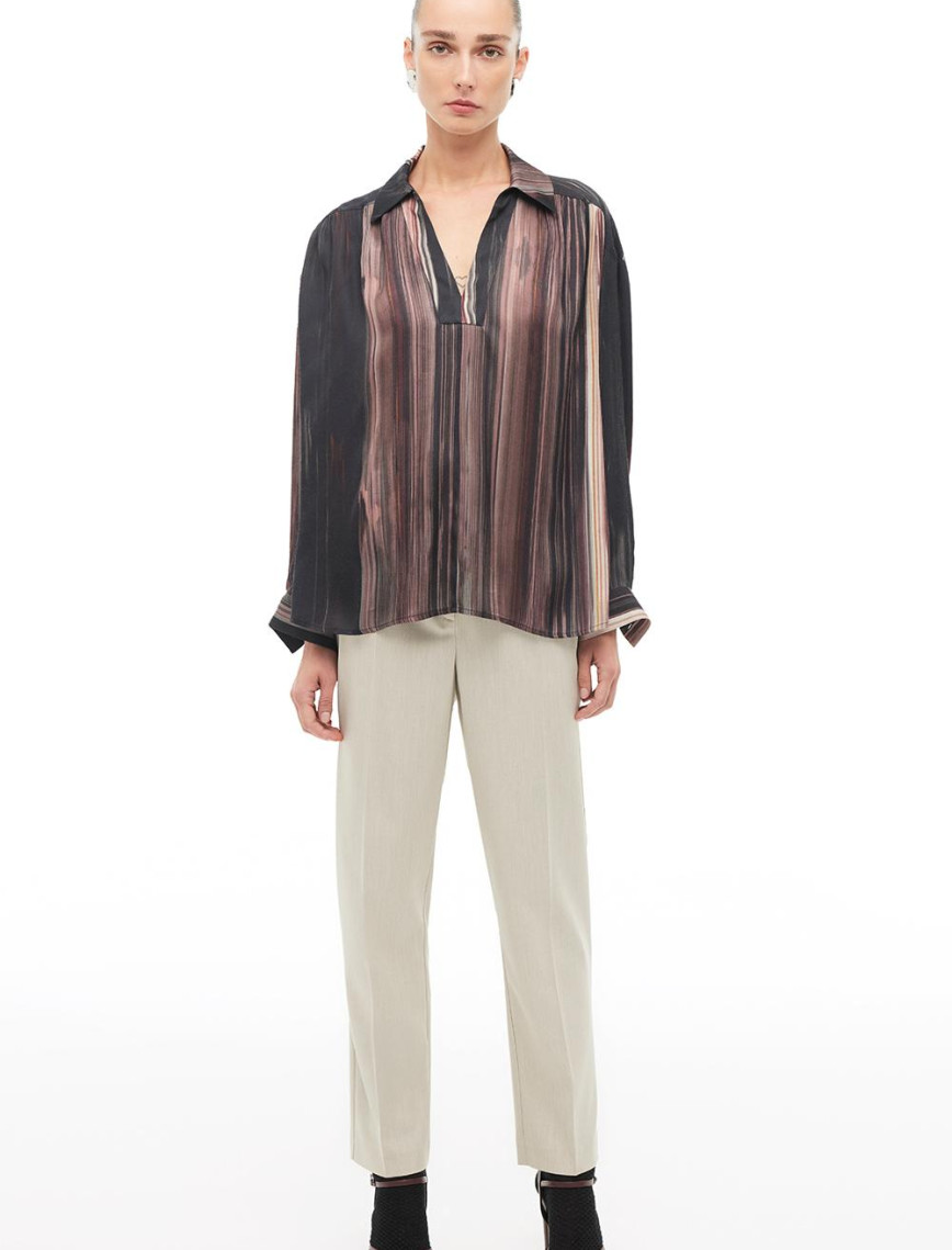 Çok Renkli Gömlek Yaka Çizgili Bluz Çok Renkli Gömlek Yaka Çizgili Bluz