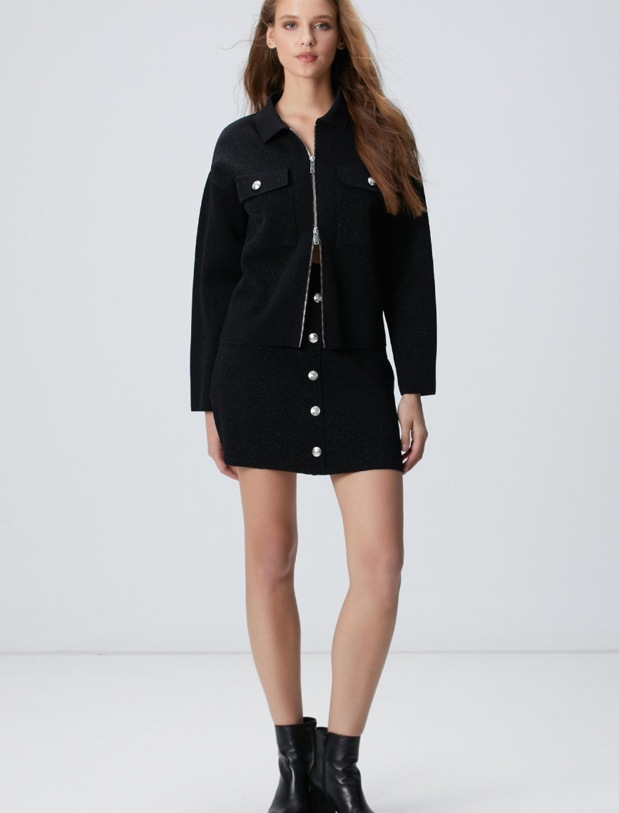 Network Kadın Siyah Simli Mini Triko Etek Network Kadın Siyah Simli Mini Triko Etek