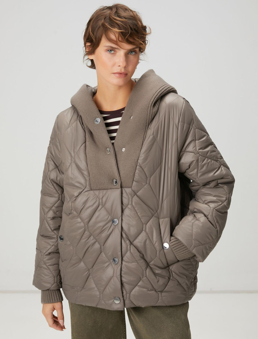 Beymen Club Kadın Gri Kapüşonlu Triko Garnili Mont