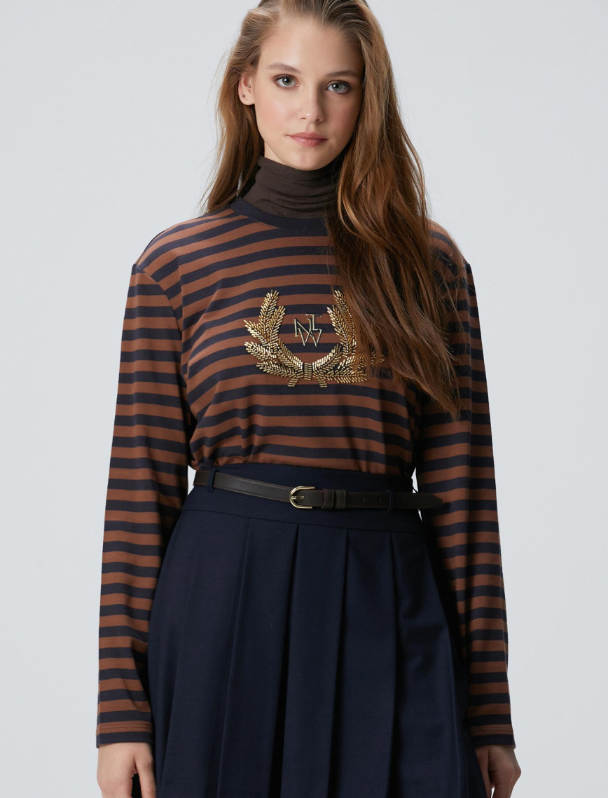 Network Kadın Lacivert Kahverengi Boncuk Nakışlı Çizgili T-shirt Network Kadın Lacivert Kahverengi Boncuk Nakışlı Çizgili T-shirt