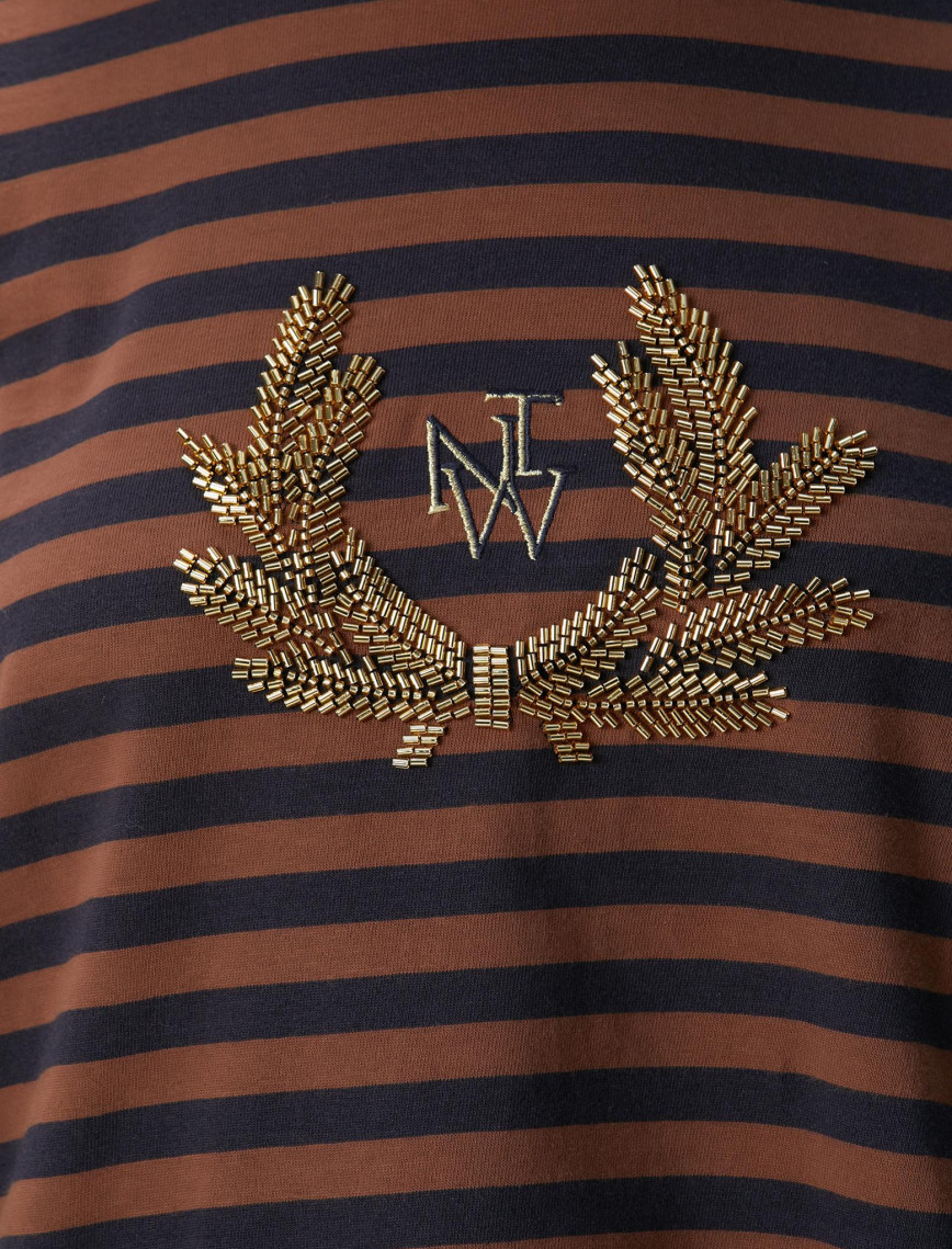 Network Kadın Lacivert Kahverengi Boncuk Nakışlı Çizgili T-shirt Network Kadın Lacivert Kahverengi Boncuk Nakışlı Çizgili T-shirt