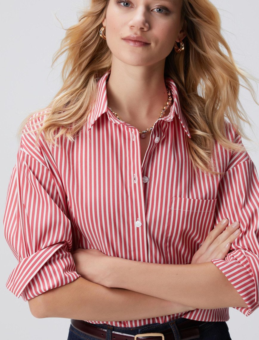 Network Kadın Kırmızı Beyaz Oversize Gömlek Network Kadın Kırmızı Beyaz Oversize Gömlek