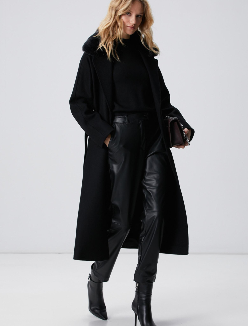 Network Kadın Siyah Kaşmir ve Yün Karışımlı Manto