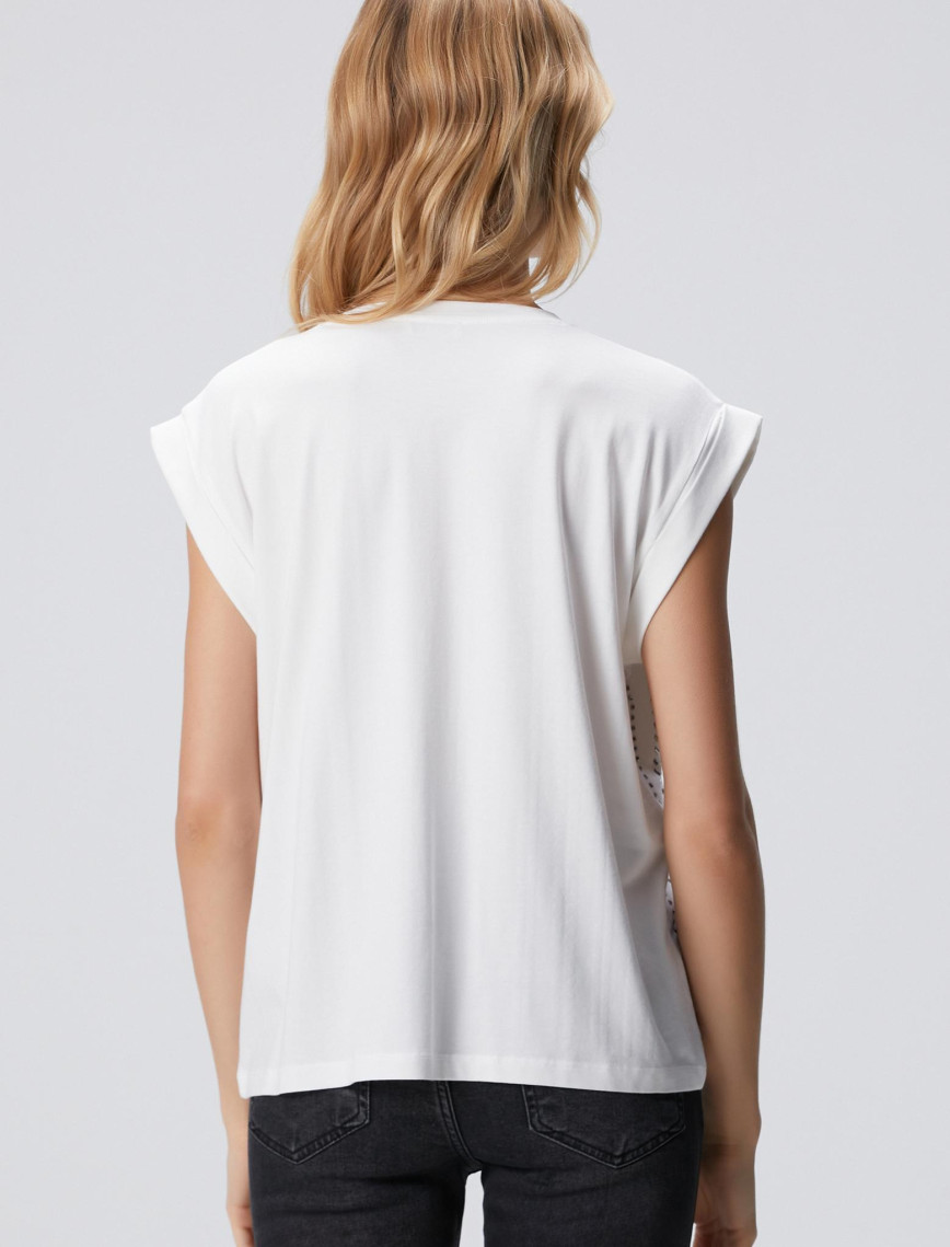 Network Kadın Kırık Beyaz Taş Baskılı T-shirt