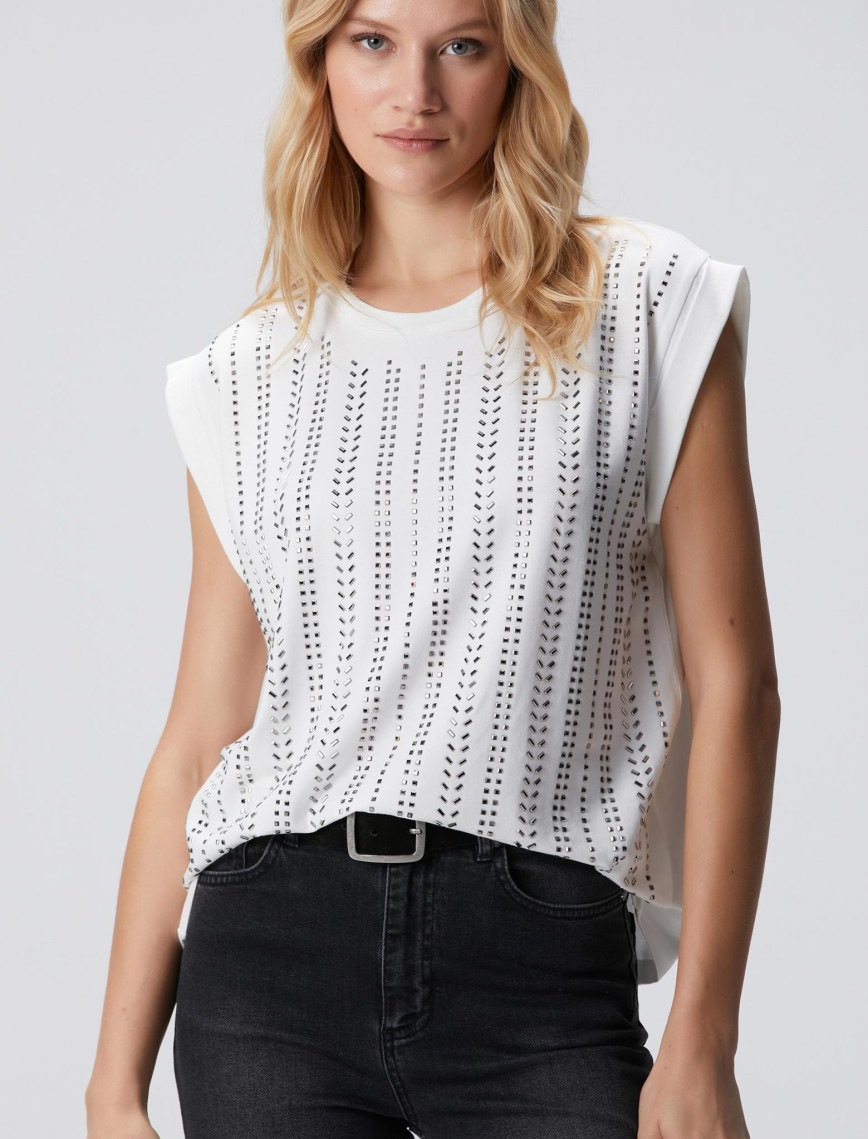 Network Kadın Kırık Beyaz Taş Baskılı T-shirt