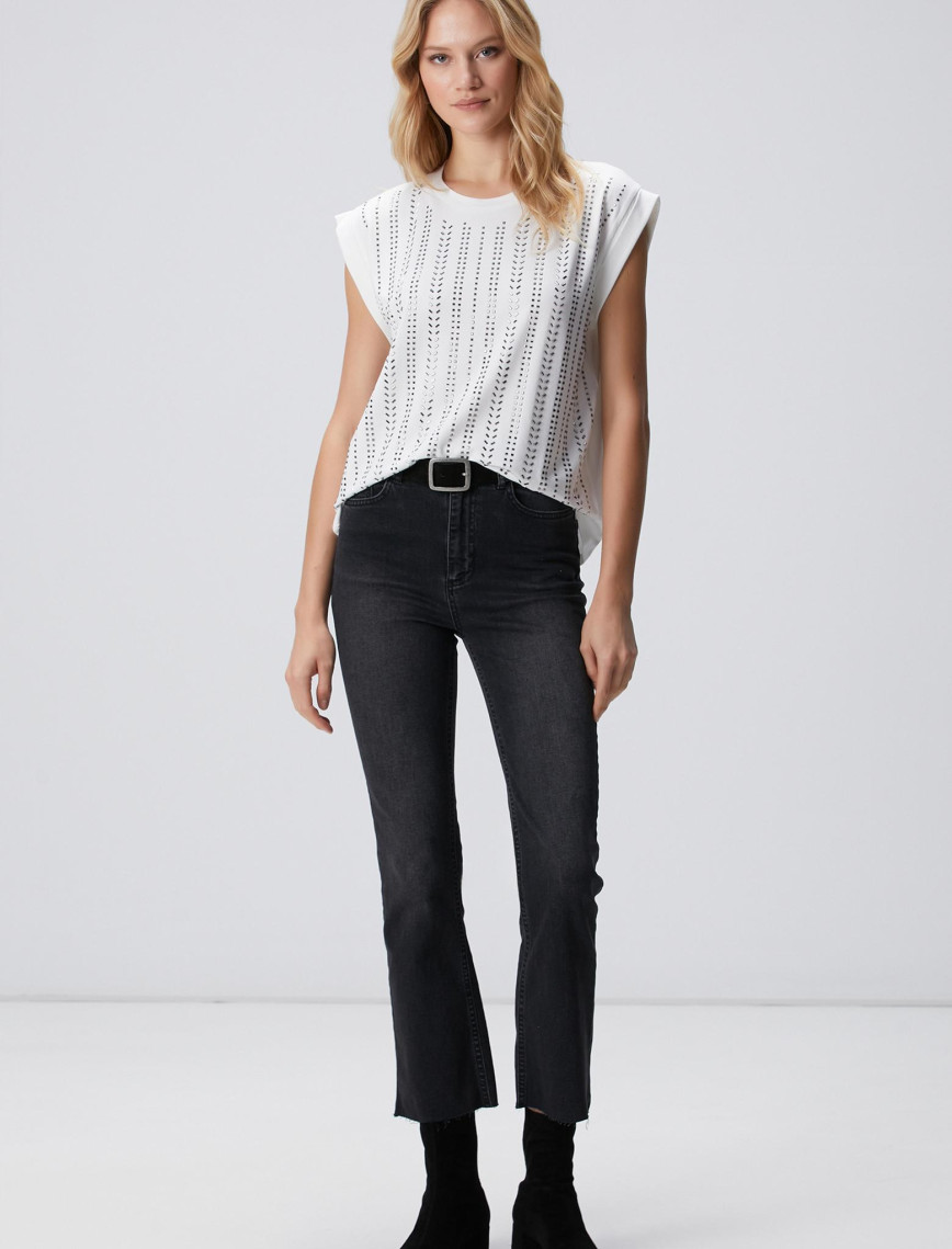 Network Kadın Kırık Beyaz Taş Baskılı T-shirt