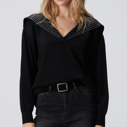 Network Kadın Siyah Yaka Taş Baskılı Triko Kazak Network Kadın Siyah Yaka Taş Baskılı Triko Kazak