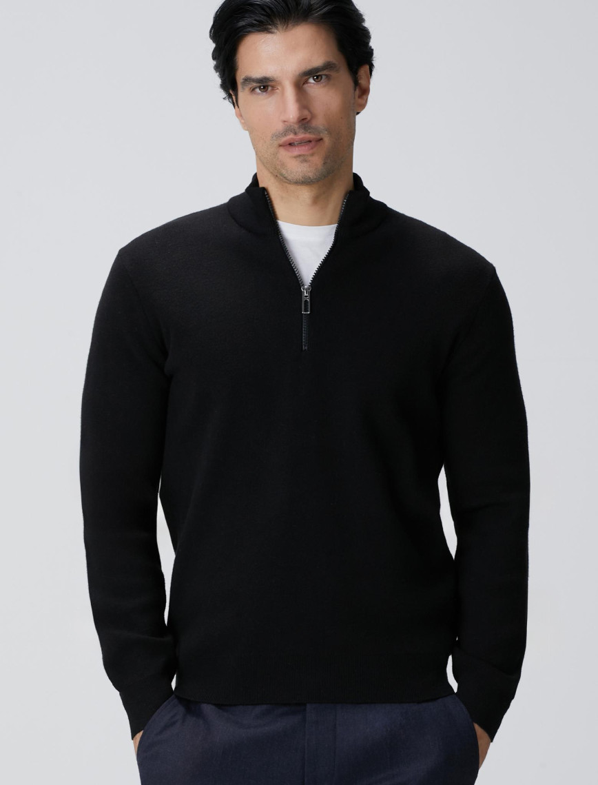 Network Erkek Siyah Dik Yaka Fermuarlı Triko Kazak Network Erkek Siyah Dik Yaka Fermuarlı Triko Kazak