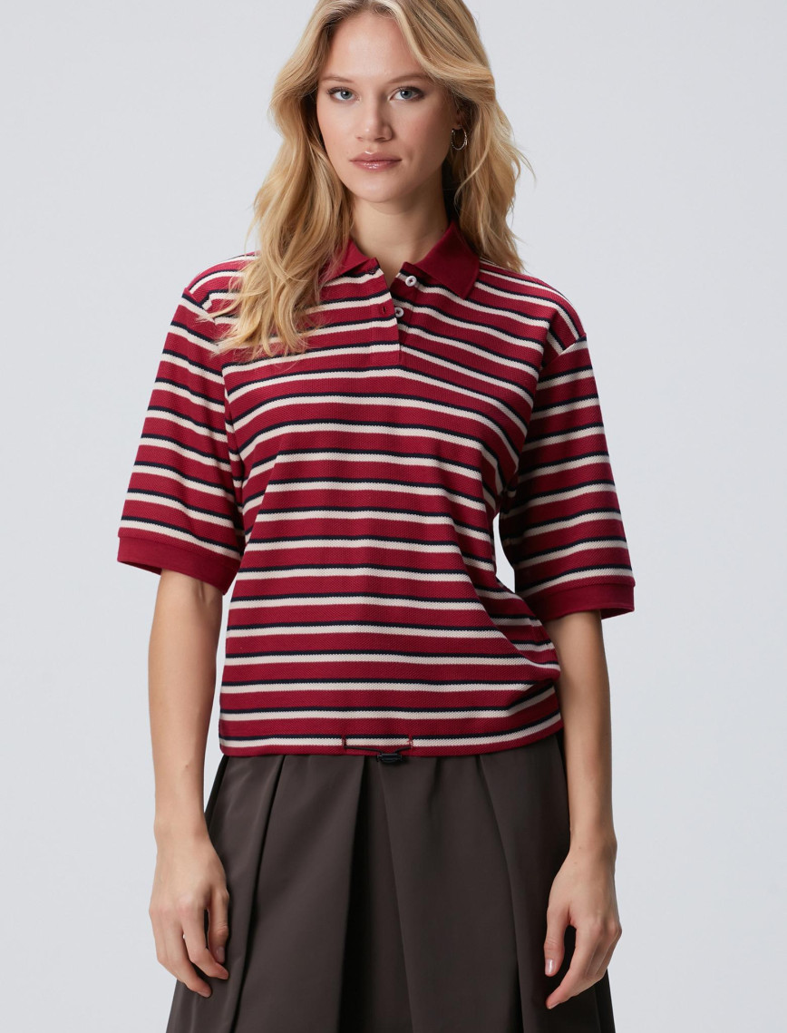 Network Kadın Kırmızı Yarım Kol Çizgili Pike Polo Sweatshirt Network Kadın Kırmızı Yarım Kol Çizgili Pike Polo Sweatshirt