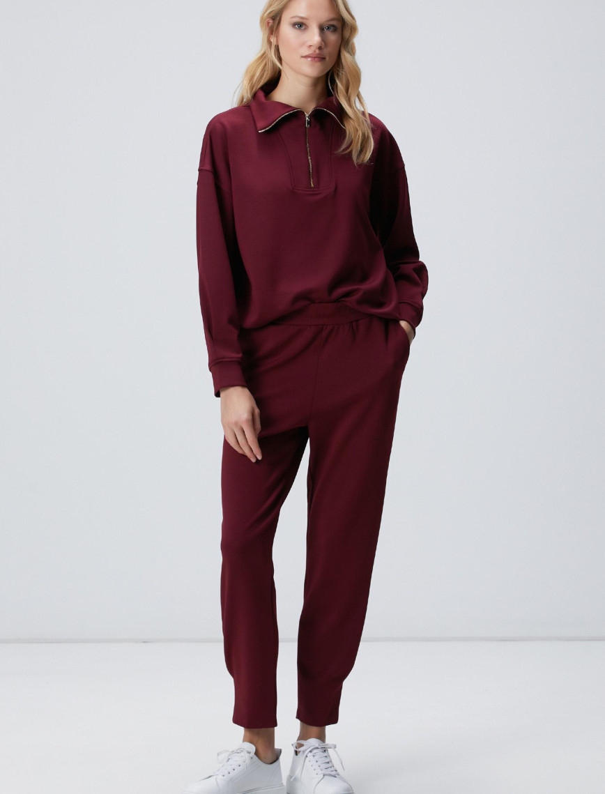 Network Kadın Bordo Dik Yaka Fermuarlı Sweatshirt
