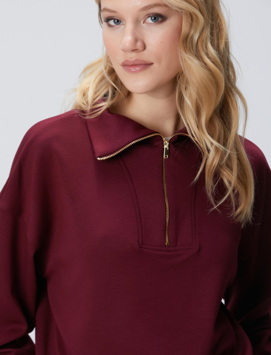 Network Kadın Bordo Dik Yaka Fermuarlı Sweatshirt