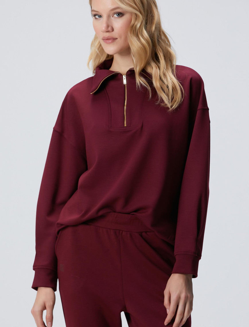 Network Kadın Bordo Dik Yaka Fermuarlı Sweatshirt