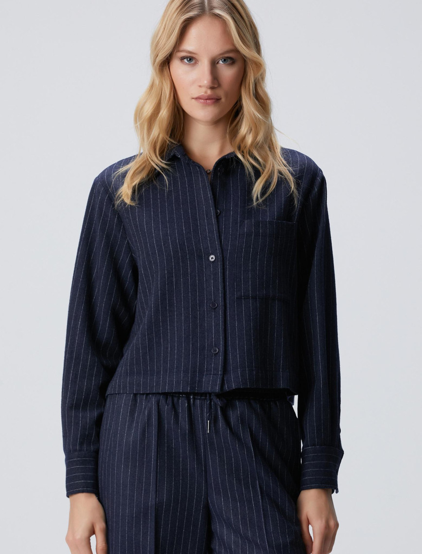 Network Kadın Lacivert Çizgili Yün Karışımlı Gömlek Network Kadın Lacivert Çizgili Yün Karışımlı Gömlek