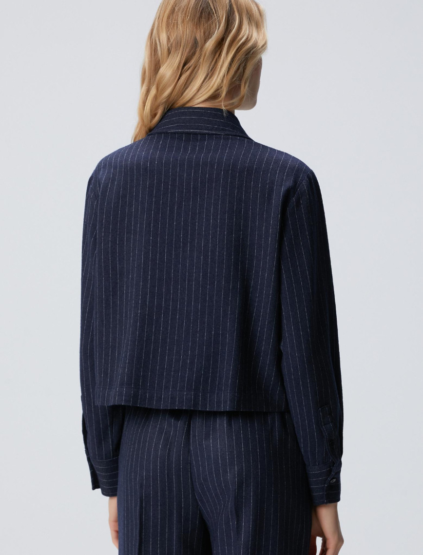Network Kadın Lacivert Çizgili Yün Karışımlı Gömlek Network Kadın Lacivert Çizgili Yün Karışımlı Gömlek
