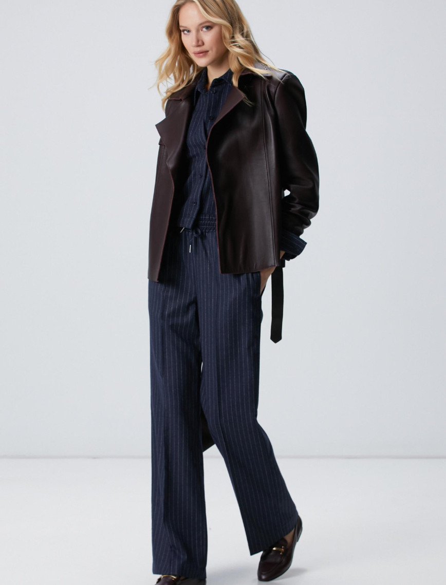 Network Kadın Lacivert Çizgili Yün Karışımlı Gömlek Network Kadın Lacivert Çizgili Yün Karışımlı Gömlek