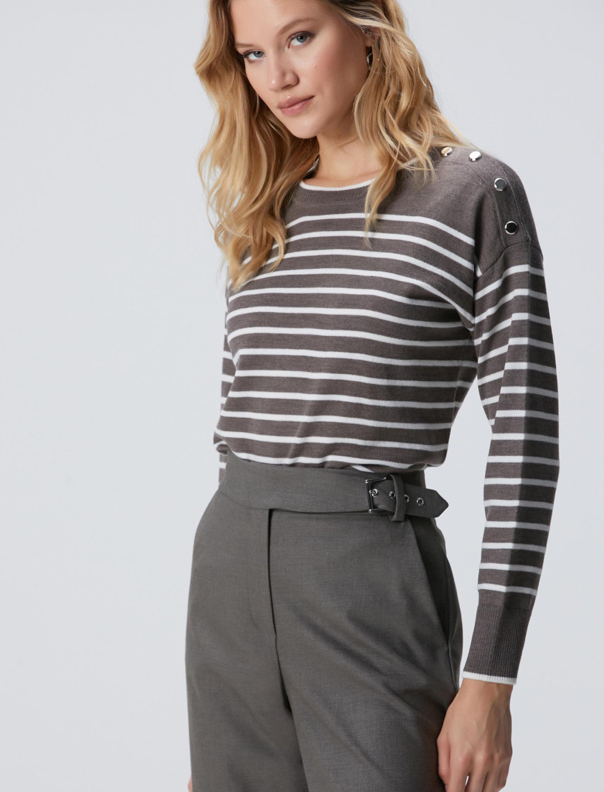 Network Kadın Vizon Kırık Beyaz Çizgili Yün Kazak Network Kadın Vizon Kırık Beyaz Çizgili Yün Kazak