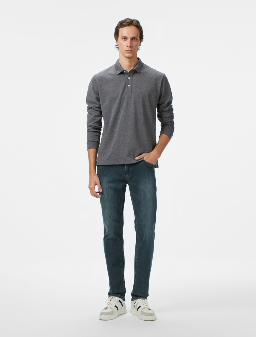 Nautica Erkek Gri Classic Fit Uzun Kollu Polo Yaka T-Shirt